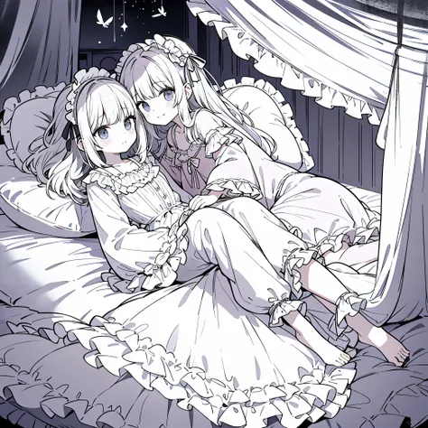 ,pajama party,happy girls,(pillow fight on the bed),((Girls holding pillows),(Many small feathers flutter)),((A long-sleeved, long-skirted nightgown with frills and ribbons)),Lolita style fashion,On a huge, wide canopy bed,Many frilly pillows on the bed,Ru...