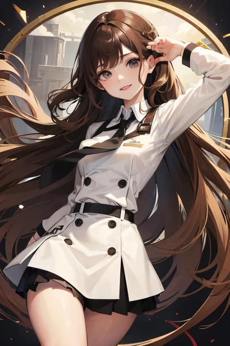 1 girl、brown hair、Weak-minded、combat uniform、white shirt、short skirt、Thighs、long hair、more、smile、black skirt、ribbon tie、decoration