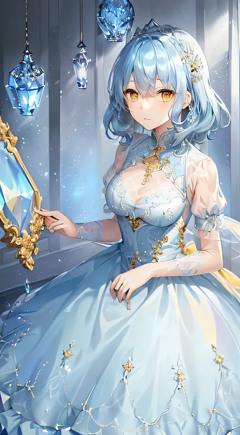 masterpiece、highest quality、High resolution、ice dress、crown、(((glare)))、(((clear、light blue hair、Common breasts、Fair skin:1.2、medium hair、yellow eyes)))、