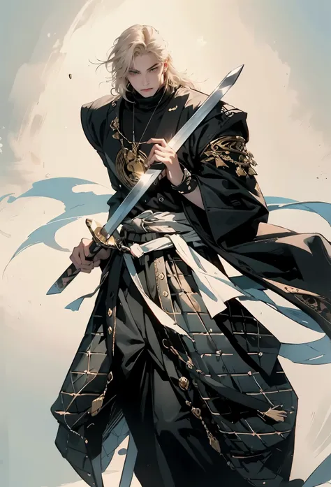 An adult man with long black hair, white-highlighted middle part bangs, thick wavy eyebrows, sharp almond-shaped eyes, well-defined features, a dignified expression, a black and white tight-fitting coat in a fantasy martial arts style, flowing wide sleeves...