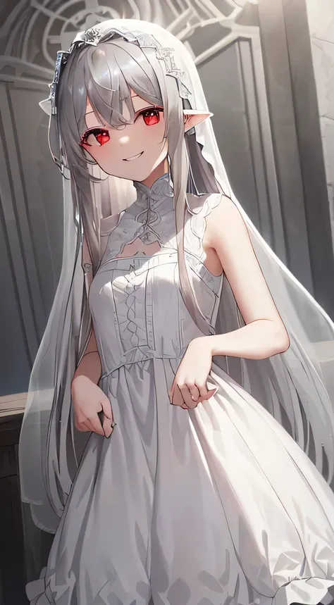 masterpiece、highest quality、High resolution、((dawn))、white dress、white veil、(((nihilistic smile)))、(((clear、gray hair、small breasts、Fair skin:1.2、long hair、red eye)))、