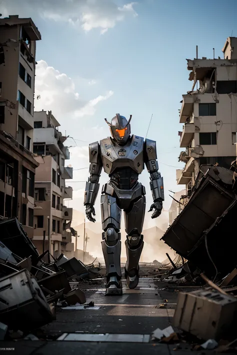 lonely robot titan roaming through the destroyed city