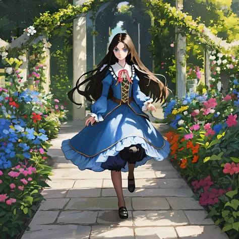 In the garden there is a tall Girl with brown long hair and blue eyes dressed in a Blue dress of the 17th century, a boy of 4 years old with black hair and black hair dressed in expensive clothes is running ahead. 