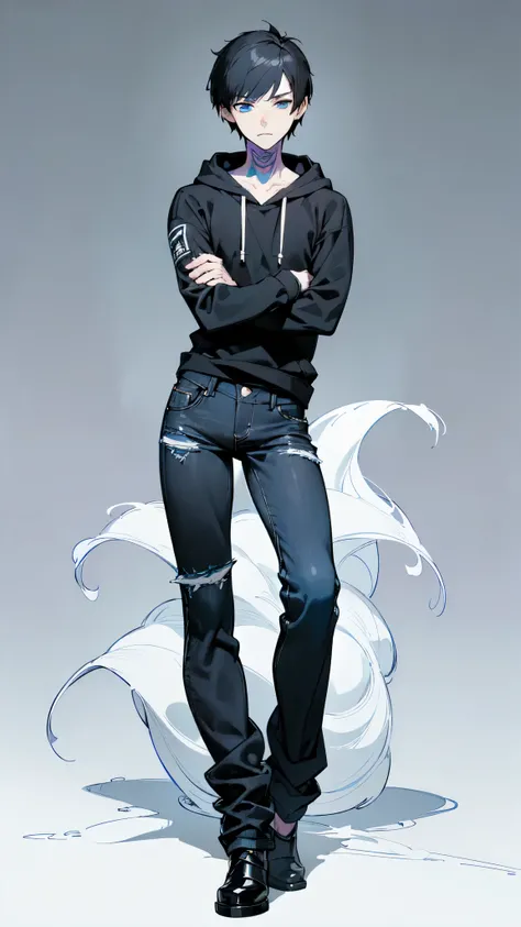 (masterpiece, finely detailed blue eyes: 1.2), ((best quality)), (highly detailed:1.3), anime, concept art, adult man, ((black hoodie)), (loose black denim pants), pale skin, (bored expression), short cut hair, ((black hair:1.3)), stylish haircut, purple t...