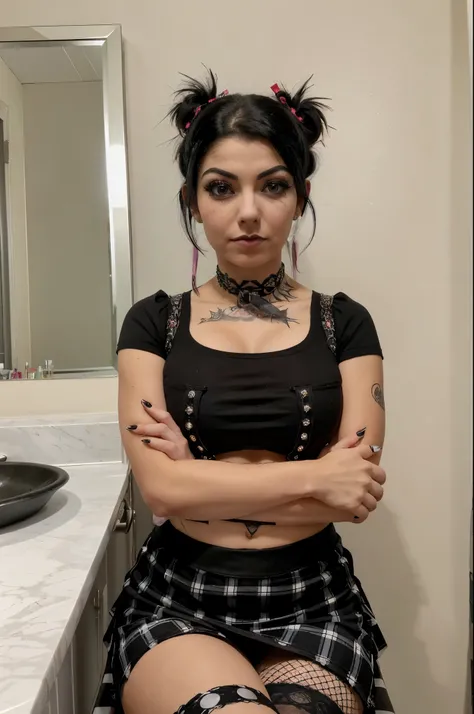 16 years old with big boob ,Punk trad goth subculture gothic Girl trad goth makeup punk post punk A girl with black hair and black and white striped sleeves takes a selfie in a mirror. She wears a black top, a red and black tartan skirt, and has piercings ...