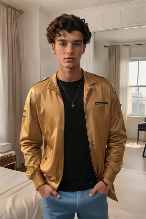 London, 2023. A young ((((19-year-old)) Liam Harper)),  tall, handsome, sharp features, piercing eyes, influencer, in the bedroom of a luxurious mansion, ((shock expression)), ((((casual clothings from the 2020s)))), ((curly hairstyle of the 2020s))