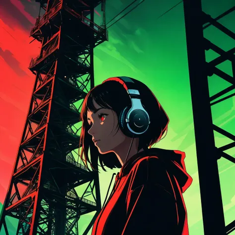 tower focus，a big iron tower,1girl, slive bobcut,Standing at the top of the tower,solo,from below, headphones, hoodie, silhouette, green theme, low saturation,silhouette，darkness，(Background with rich lines:1.8)，abstract background, detail glow red eyes, (...