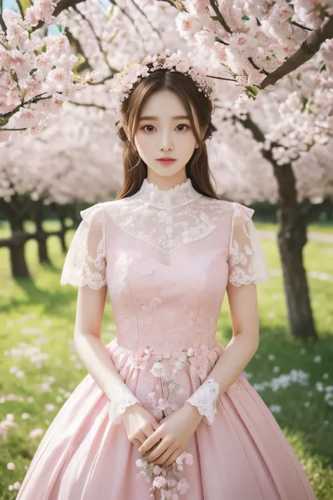 masterpiece, best quality, 8 thousand, 24 years old, photo beast, absurd, award-winning portraits, pure, korean beauty, Elegant and vibrant pink dress, spring, orchard in bloom, laces, cute, right, healthy, Beloved, perfect hands,