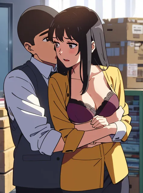 shinkai makoto, kimi no na wa., 1boy, buzzcut,office suit, boy caressing girls body, kiss cheeks, passionate hug, boy is hugging from behind, breast groping from behind, 1girl, bangs, black hair, open mouth, brown eyes, Twisted Half Up, red ribbon, long ha...