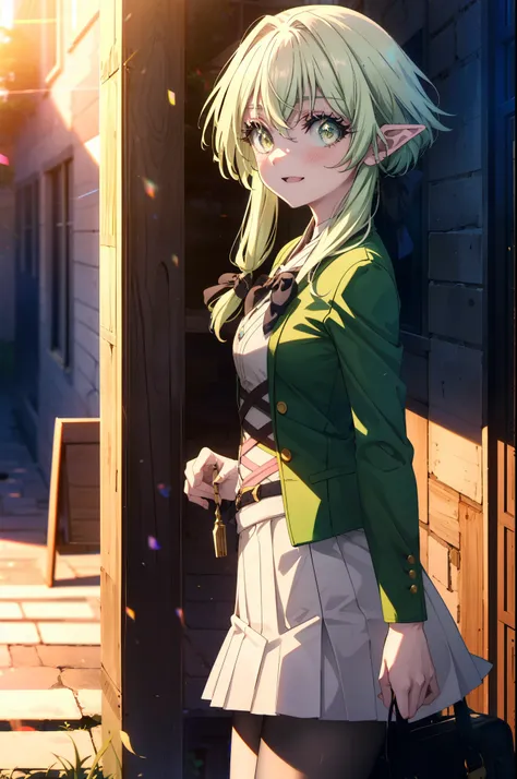 highgoblinarcher, high goblin archer, long hair, (green eyes:1.5), bow, hair bow, black bow, side lock, green hair, pointed ears, happy smile, smile, open your mouth,goblin,White Y-shirt,Green Blazer,Pink cardigan,Green pleated skirt,white pantyhose,brown ...