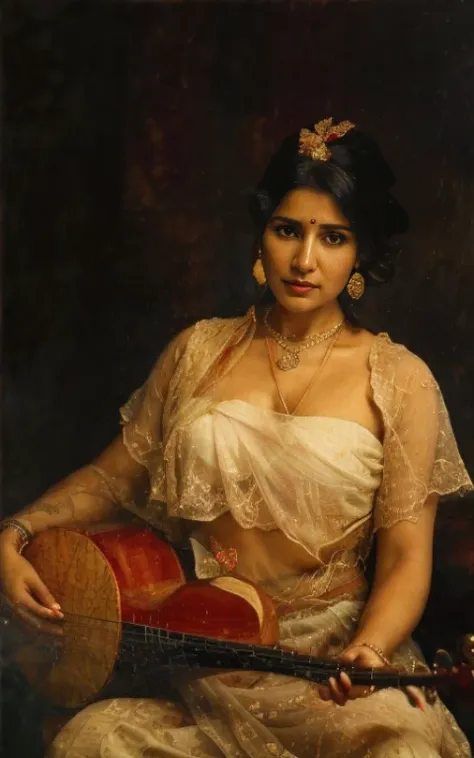 a renaissance full body portrait of middle aged indian woman playing veena, sitar, detailed skin, topless with a dark room backg...