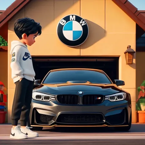 A boy looks at his car parked at the garage door