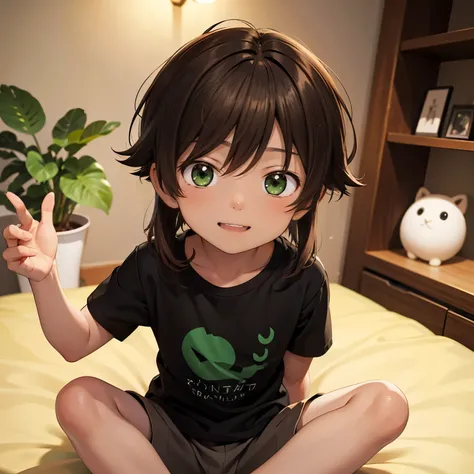 Brown hair, long hair, green eyes, black skin, short, small, portrait, male, guy, boy, shota, brown, happy, tiny, short pants, short sleeves