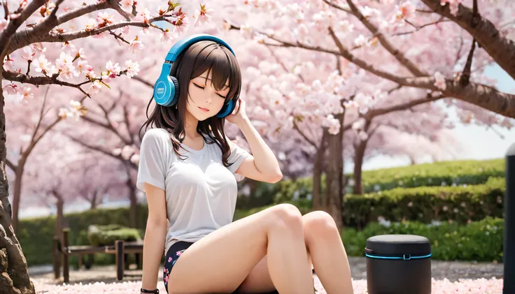 ((best quality)), ((masterpiece)), (detailed), perfect face, sitting under the cherry blossom tree, listening to music, One woman, wearing headphones, eyes closed, underwear visible
