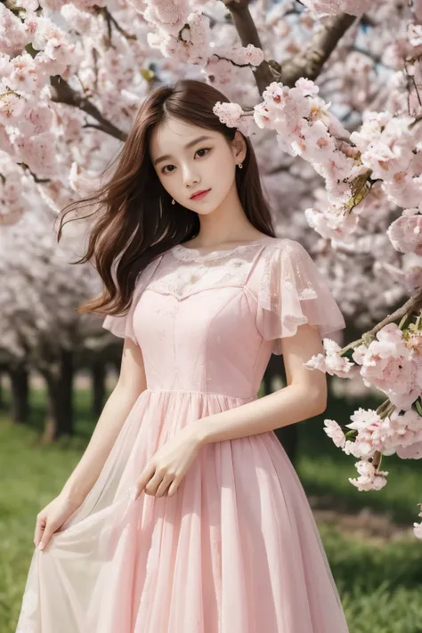 masterpiece, best quality, 8 thousand, 24 years old, photo beast, absurd, award-winning portraits, pure, korean beauty, Elegant and vibrant pink dress, spring, orchard in bloom, laces, cute, right, healthy, Beloved, perfect hands,