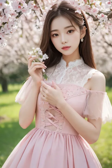 masterpiece, best quality, 8 thousand, 24 years old, photo beast, absurd, award-winning portraits, pure, korean beauty, Elegant and vibrant pink dress, spring, orchard in bloom, laces, cute, right, healthy, Beloved, perfect hands,