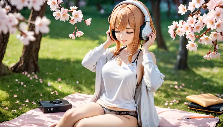 ((best quality)), ((masterpiece)), (detailed), perfect face, sitting under the cherry blossom tree, listening to music, One woman, wearing headphones, eyes closed, wearing underwear 