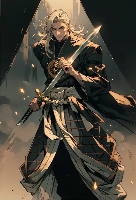 An adult man with long black hair, white-highlighted middle part bangs, thick wavy eyebrows, sharp almond-shaped eyes, well-defined features, a dignified expression, a black and white tight-fitting coat in a fantasy martial arts style, flowing wide sleeves...