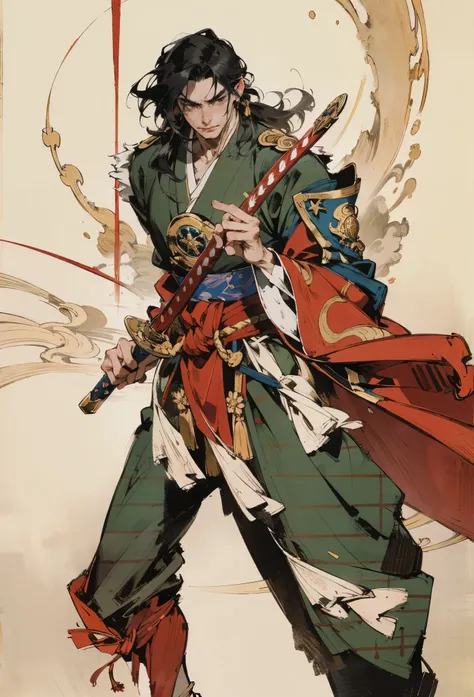 An adult man with long black hair, white-highlighted middle part bangs, thick wavy eyebrows, sharp almond-shaped eyes, well-defined features, a dignified expression, a black and white tight-fitting coat in a fantasy martial arts style, flowing wide sleeves...