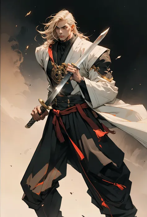 An adult man with long black hair, white-highlighted middle part bangs, thick wavy eyebrows, sharp almond-shaped eyes, well-defined features, a dignified expression, a black and white tight-fitting coat in a fantasy martial arts style, flowing wide sleeves...