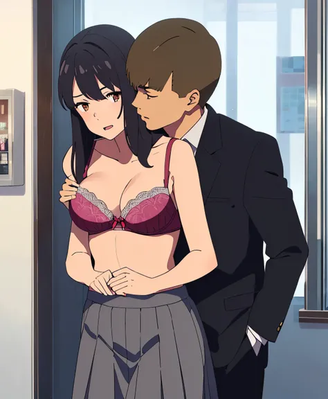 shinkai makoto, kimi no na wa., 1boy, buzzcut,office suit, boy caressing girls body, kiss cheeks, passionate hug, boy is hugging from behind, breast groping from behind, 1girl, bangs, black hair, open mouth, brown eyes, Twisted Half Up, red ribbon, long ha...