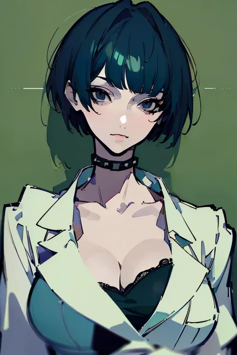 (highest quality、masterpiece:1.2), one woman、mature woman、tae takemi, navy short hair、black eye、cleavage、(white clothes、dark gre...