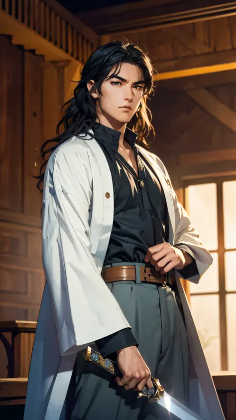 An adult man with long black hair, white-highlighted middle part bangs, thick wavy eyebrows, sharp almond-shaped eyes, well-defined features, a dignified expression, a black and white tight-fitting coat in a fantasy martial arts style, flowing wide sleeves...