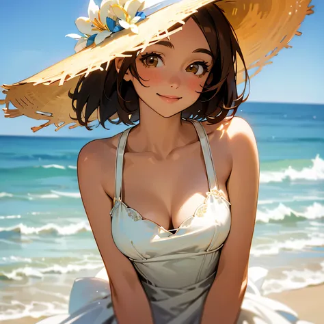 (Best quality, dynamic lighting, highly detailed, HDR) Brown haired young woman, mature, beautiful, bob hair, brown eyes, slim, medium-small breasts, white floral summer dress, summer hat, bare shoulder, cleavage, sleeveless, smiling, head shot, beach back...