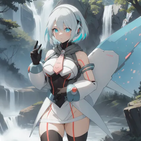 ico_megamanxdive, 1girl, blue eyes, solo, white hair, android, large breasts, black gloves, short hair, thighhighs, necktie, hig...