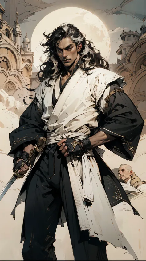 An adult man with long black hair, white-highlighted middle part bangs, thick wavy eyebrows, sharp almond-shaped eyes, well-defined features, a dignified expression, a black and white tight-fitting coat in a fantasy martial arts style, flowing wide sleeves...