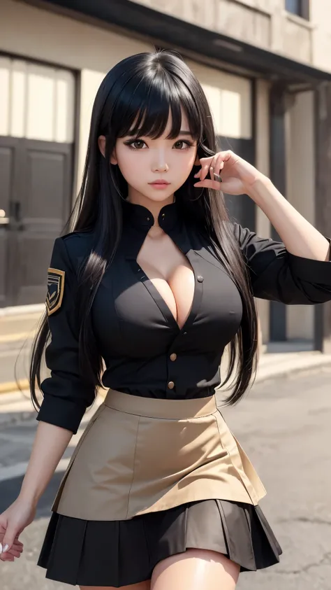 ((highest quality)), ((8k), (detailed face), (highlight), girl、cleavage、Asian、bangs、black hair、skirt、combat uniform、white、