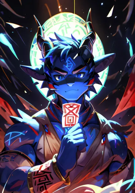 (best quality, 8k, highres, masterpiece:1.2), ultra-detailed, realistic:1.37, dragon, male, ((blue skin)), ((red tribal tattoos scattered across body)), horns on the head,dragon wings, young, muscular, sorcerer, ((fingers holding a talisman:1.5)), martial ...