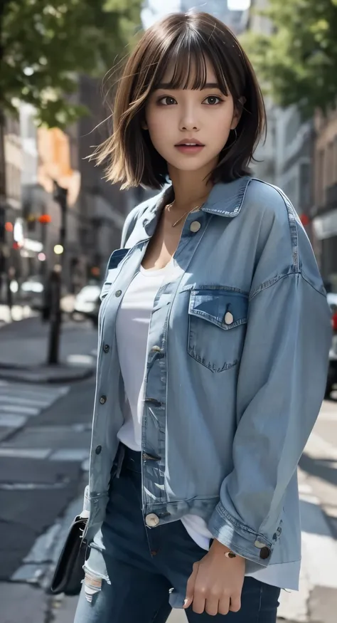 Denim shirt:1.3, hair swaying in the wind:1.2, night, medium bob