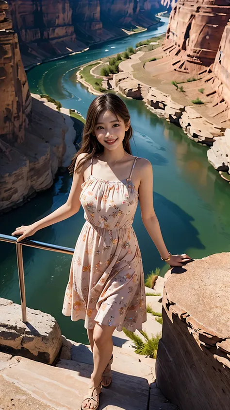 Master piece, CG Unity 8k walpaper, ((Realistic: 1.2))Ray Tracing, 64k, Beautiful 16 years girl, Korean realistic girl, Ultra Realistic, ultra HD, ((peach colour Sundress dress)), (floral Dress)), ((Grand Canyon River)), Standing beside River, River has Fl...