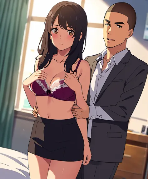 shinkai makoto, kimi no na wa., 1boy, buzzcut, office suit, boy caressing girls body, kiss cheeks, sex from behind, sex, Doggystyle, boy is hugging from behind, chestgrope from behind, boy is touchig girls chest, hold chest, 1girl, bangs, black hair, brown...