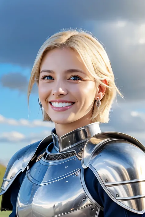 Ｋ、highest quality、female knight、The background is a castle、Luxurious Silver Armor、heavy equipment、hairstyle short cut、smile、beautiful teeth、full body photo、ear piercing、white woman、blonde hair、blue eyes、Gummy Smile、The background is a cloudy sky、heavy make...