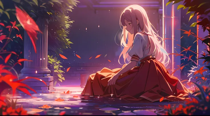 hyper HD, Masterpiece, High details, High quality, Best quality, 8K,The Garden of Words,1 girl,Solo,full body, (red long skirt:1.2), (Eau:1.2), (inverted image:1.2), long whitr hair, Shy, Cinematic lighting, Ray tracing