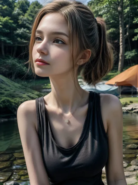 (Masterpiece, best quality, highres:1.3), from side, crisp focus, close-up portrait, solo, nice charming girl, slender feminine appearance, flat abdomen, flawless skin, cleavages, ponytail hair, detailed hair strands, delicate gorgeous face, attractive loo...