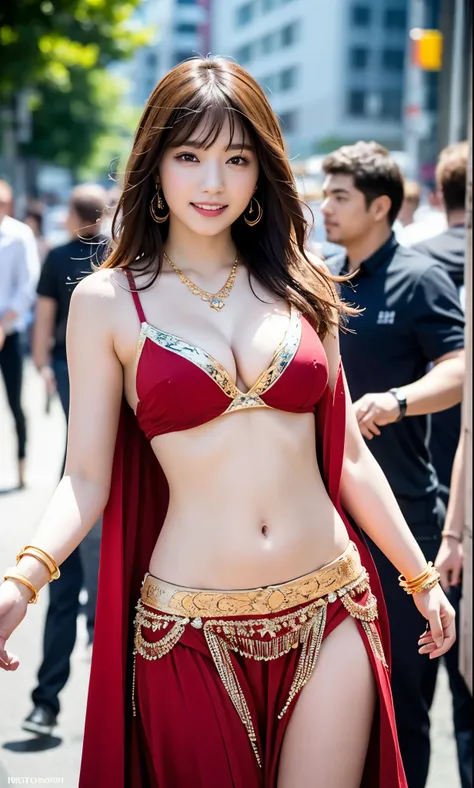 A belly dancer girl dancing on street, cleavage, colossal tits, beautiful face, bracelets, necklace, crowded background, 8k, insane details, colossal tits:1.2, golden long hair, (smiling:0.7), ultra high resolution, sharp, intricate, professional photograp...