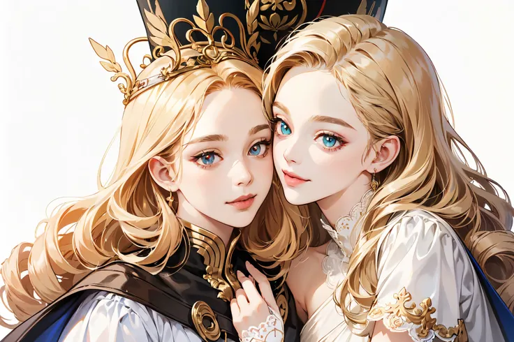 2 women aligned, smile, jewel, gorgeous, splendid, luxurious, (golden), goddess, motherhood, queen, drill hair, (forehead), saints, mature women, embroidery, cape, white dress and gloves, gleaming skin, detailed pupils, perfect eyes, perfect face, (((face ...