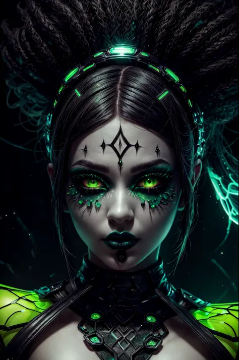 A person with illuminated subdermal biomorphic pores, black & green, eye shadow, cybergoth fashion photography, ethereal lighting