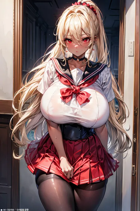 (masterpiece:1.2、highest quality、T Masterpiece)、1 female、alone、classroom、Day、stand、blonde、ponytail、red eyes、(sailor suit:1.4)、(black skin:1.4)、big breasts、pantyhose、corset、earring skirt、lipstick、very sweaty、Scrunchie、choker、blush、pull the skirt