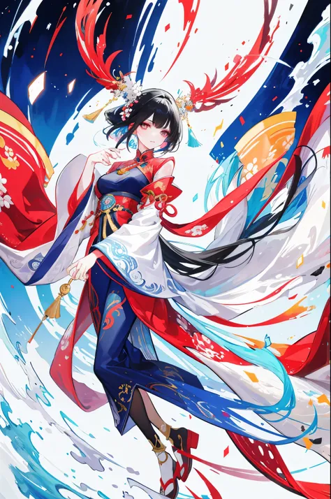 national current，complex background，full body portrait，dynamic action，floating，（The anthropomorphization of Chinese mythical beasts，beautiful girl，Wear colorful clothes），full body standing painting，wide sleeves，big watery eyes，Beautiful face and smooth fai...