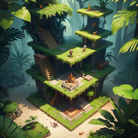 SLG game, 45 degrees from top down, there is a jungle crowded with animal that are observing,redish and greenish jungle, an isometric game. Isometric view, isometric jungle. Game CG, isometric game assets, 3D rendering of a jungle