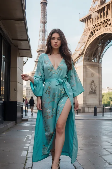 Instagram-Models posieren in paris Eiffel tower , in green futuristic kaftan, full entire body, beautiful detailed eyes, beautifully detailed lips, extremely detailed eyes and face, kurzes, welliges rosa Haar ((best qulaity)), ((Meisterwerk)), (detailliert...