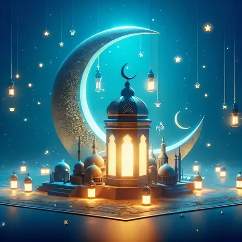 a mosque with a crescent and lanterns in the night, arabian nights, arabian nightss, themed on the stars and moon, ☁🌪🌙👩🏾, mosque...