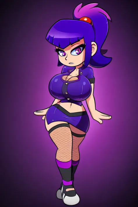 A sexy girl with a huge chest, her long dark violet hair, tight-fitting, single purple eyes, she wears a light blue blouse, buttons, short sleeves, navel, arm, nets, and her short blue skirt between her legs, nets, long socks, and styled in ninjas.