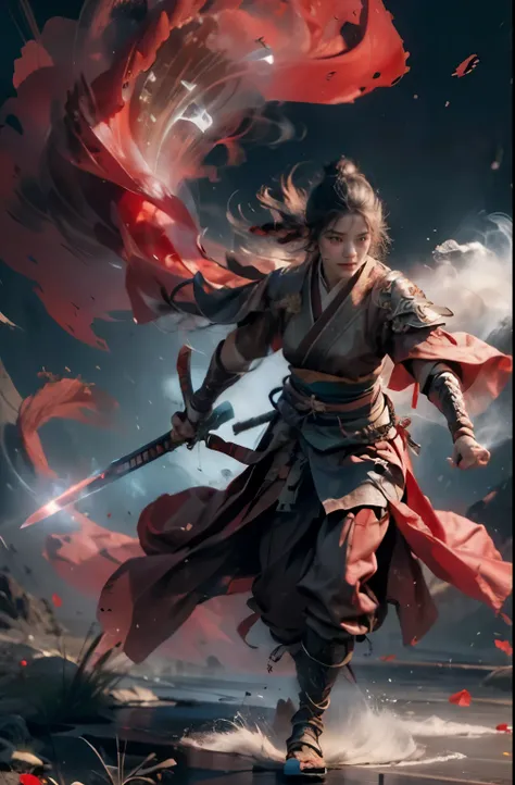 masterpiece，16k，high quality，artwork of，combat spirit，1 woman，red theme，smog，floating weapon，long sword，bright light，bright back...