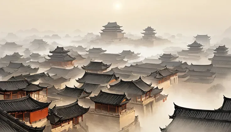 ancient china, misty, no human, beige-color background, ancient china with roofs looming in the mist in the afternoon