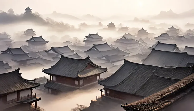 ancient china, misty, no human, beige-color background, ancient china with roofs looming in the mist in the afternoon